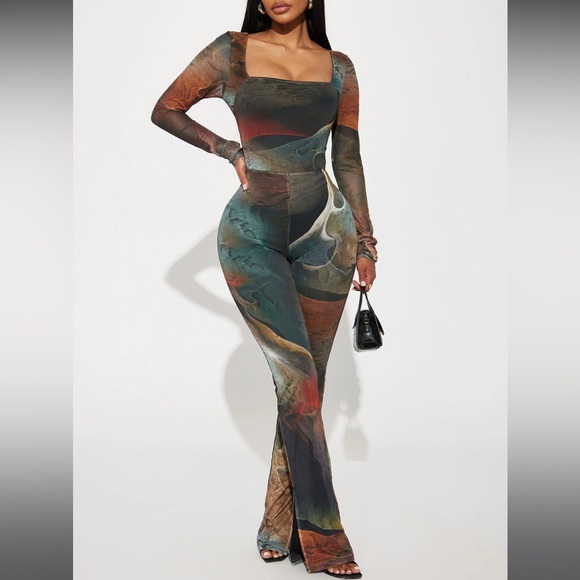 Fashion Nova Pants - Brand New Fashion Nova Lost In A Trance Mesh Jumpsuit - Olive/combo - Size Small